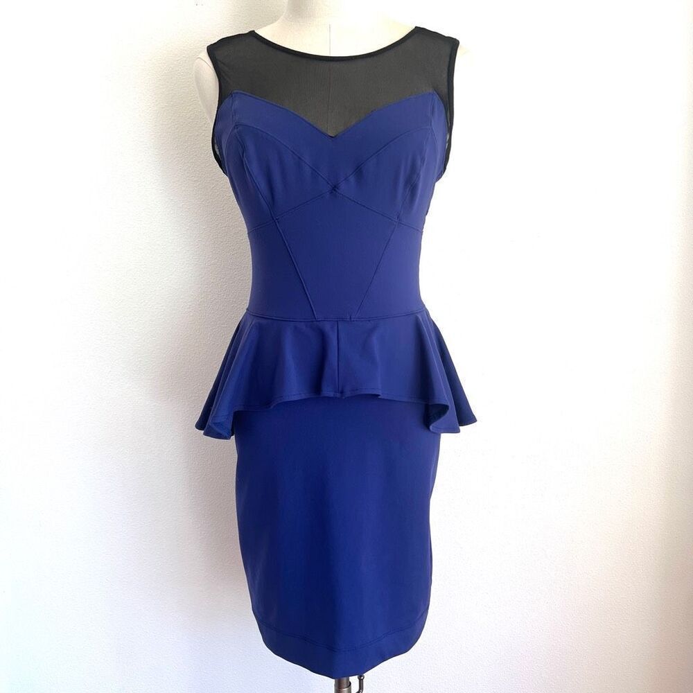 Bebe Blue Stretchy Bodycon Dress with Peplum and Mesh Size Medium